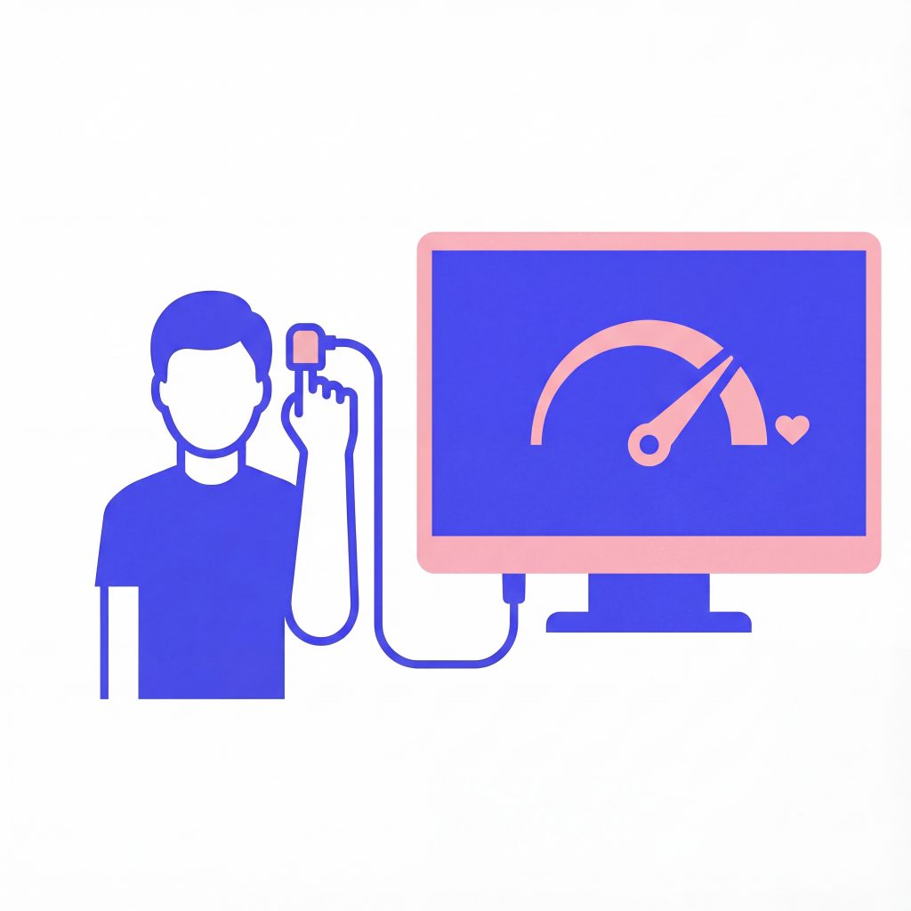 eine person hat einen Sensor an der Hand und sieht ein Display mit einer Anzeige